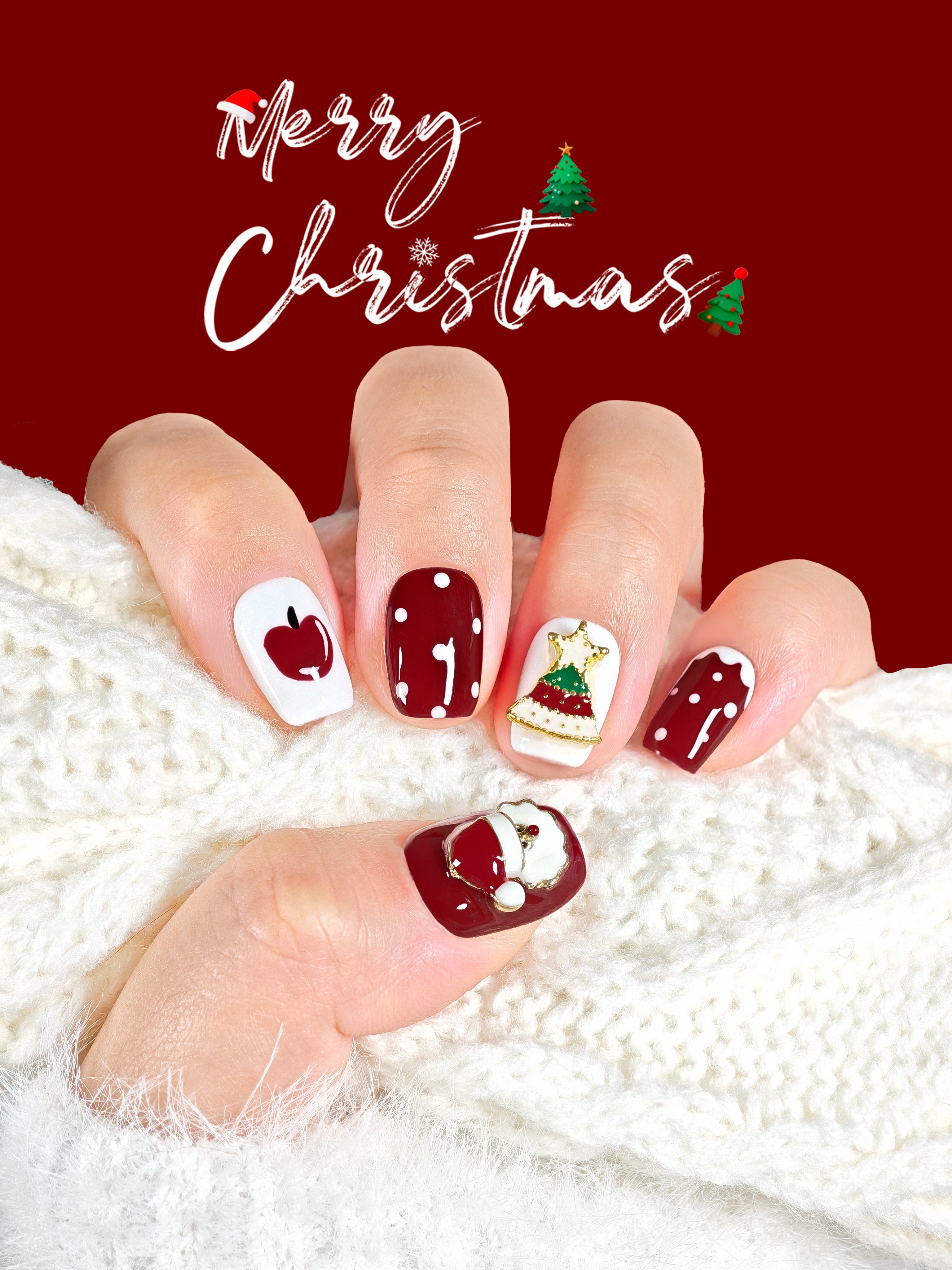 Nails with Christmas-themed designs on a red background with 'Merry Christmas' text.